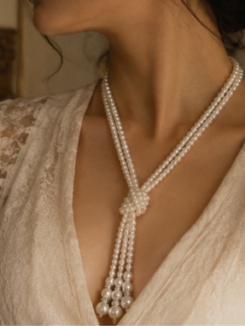 Vintage White Pearl Aurelia Knot Lariat Necklace - Women Jewelry
